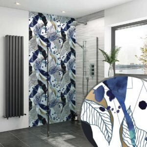 Acrylic BLACK GOLD NAVY LEAVES FEATHERS Shower Panel