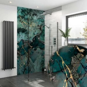 Acrylic GREY JADE TEAL GOLD FLUID MARBLE Shower Panel