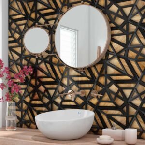 Acrylic BLACK LATTICE GRID ON WOOD Shower Panel