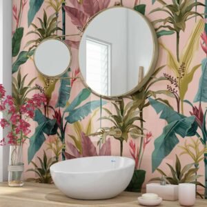 Acrylic TROPICAL PLANTS BLUSH Shower Panel