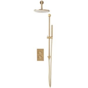 Scudo Core Brushed Brass Round Concealed Shower Kit Fix Head and Handset Riser