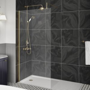 Nuie 900mm Brushed Brass Wetroom Screen With Support Bar and Profile Kit