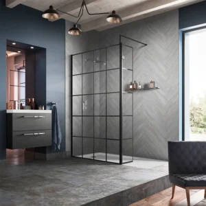 Hudson Reed 700mm Matt Black Grid Wetroom Shower Screen with Support Bar