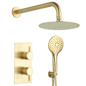 Tailored Bathrooms Orca Round Brushed Brass Round Handle, Built-in Shower Valve Handset & Wall Mounted Head