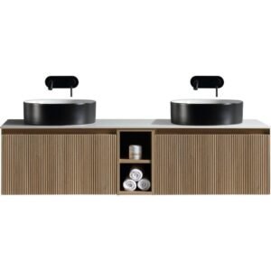 Flauto Country Oak Fluted 1400mm Wall Hung Vanity Unit & Double Bowl Countertop