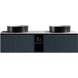 Flauto Midnight Shadow Fluted 1400mm Wall Hung Vanity Unit & Double Bowl Countertop