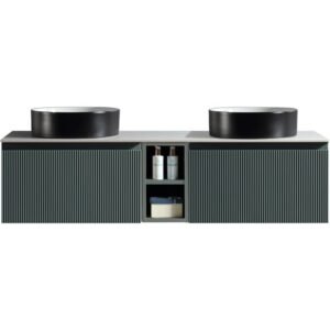 Flauto Smoked Sage Fluted 1400mm Wall Hung Vanity Unit & Double Bowl Countertop
