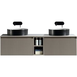 Flauto Soft Coffee Fluted 1400mm Wall Hung Vanity Unit & Double Bowl Countertop