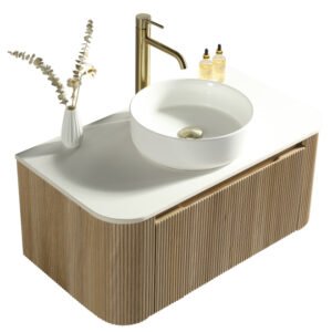 Flauto Curve Country Oak Fluted 1070mm Wall Hung Vanity Basin Unit With Countertop